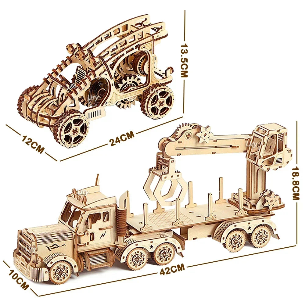 Ury 3D Wooden Puzzle Movable Retro Biplane Crane Bulldozer Handmade Assembly Truck Model DIY Toys Decoration Gift For