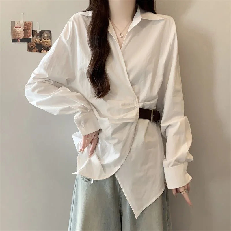 Unique Korean Style Women's Long Sleeve Shirt V-Neck Commute Fashion Outerwear Waist-Cinching Spring Autumn New Arrival