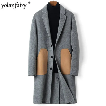 YOLANFAIRY 2025 Men Clothing 100% Wool Coat Autumn Winter Double-sided Wool Trench Coat Long Coat Windbreaker Jackets Abrigos