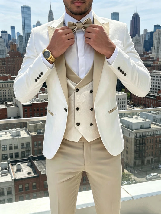 Jacquard 3 Piece Wedding Men's Tuxedo Slim Fit Peak Lapel Blazer Vests Pants Set Business Prom Party Set Men's Formal Clothes