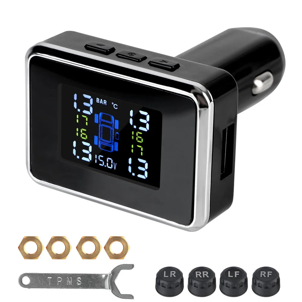 12V Cigar Lighter Adapter TPMS Car Tire Pressure Monitoring System With Digital Voltmeter USB Charger 3.0 Port 4pcs TPMS Sensors