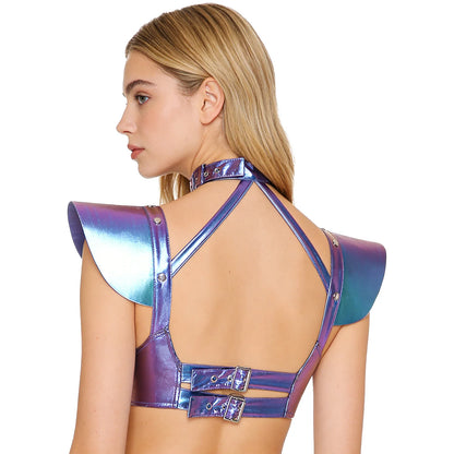 Womens Gothic Shiny Metallic Cut Out Crop Top Holographic Halter Neck Plunging Adjustable Buckles Corset Bustier Shoulder Armor