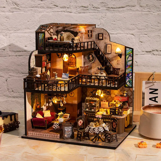 DIY Miniature Dollhouse Kit Vintage Coffee Shop with LED Light Included 3D Wooden Puzzle  Set of Furniture Creative Craft Gifts