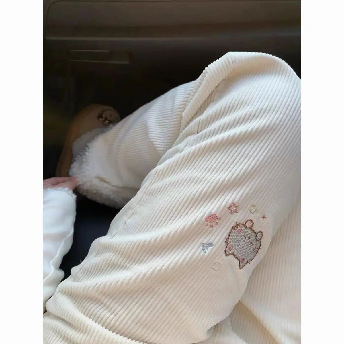 Corduroy  Embroidery Lamb Fur Patchwork Loose Micro Flare Autumn Winter Fleece Lined Slimming Cute Wide Leg Pants Women