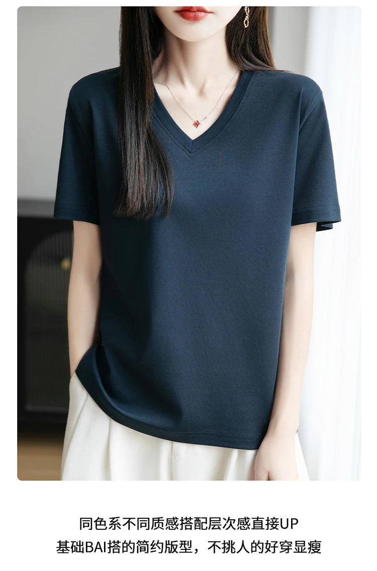 2026 Summer New Pure Cotton V-neck Short-sleeved T-shirt Women's Solid Color Joker Pullover Shirt with Loose Sleeve Bottom Shirt