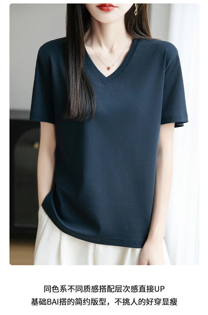 2026 Summer New Pure Cotton V-neck Short-sleeved T-shirt Women's Solid Color Joker Pullover Shirt with Loose Sleeve Bottom Shirt