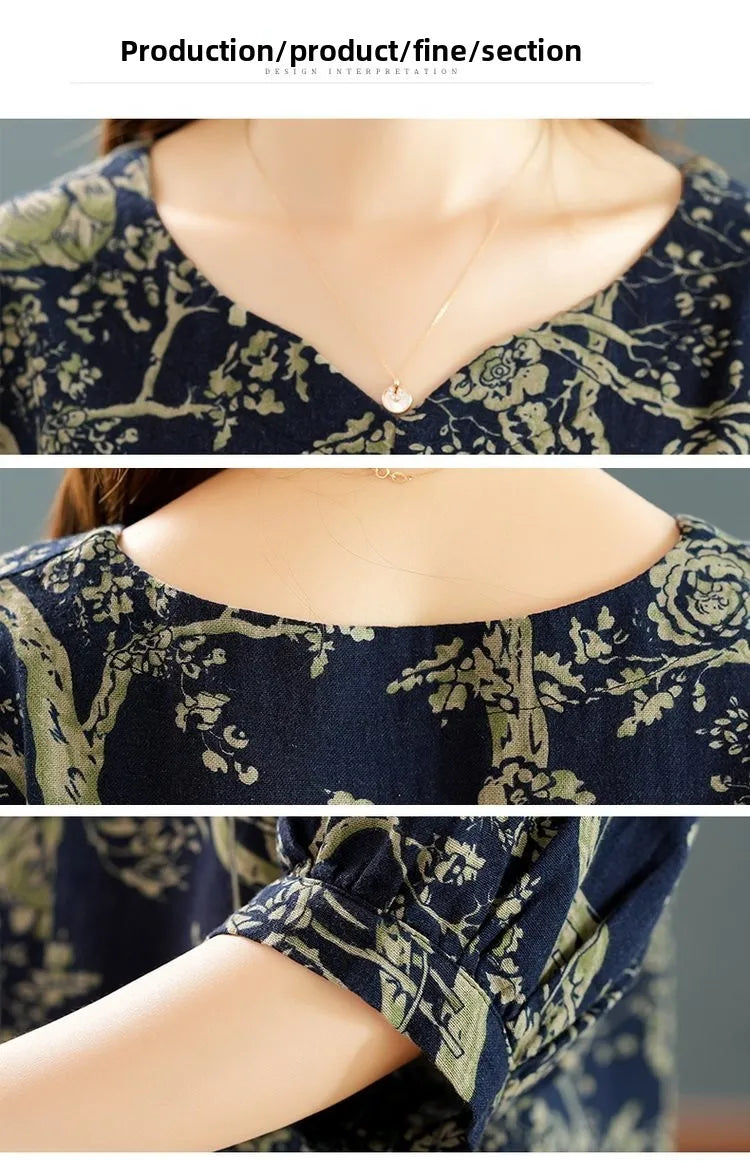 New Summer Floral Print Midi Sleeve Cotton Linen Loose Women's Two-Piece Set Ethnic Style Mom Clothes Comfortable Breathable