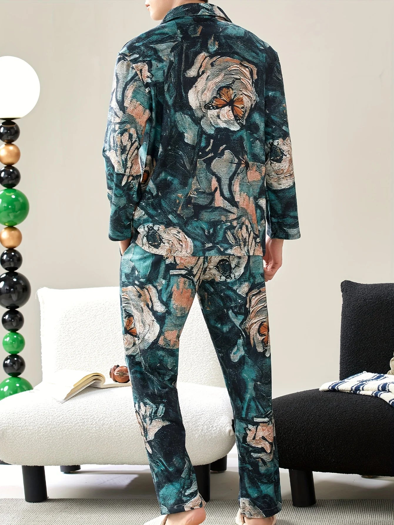 Two piece sets men's pajamas autumn and winter long sleeved pants with lotus leaf pattern sleepwear set