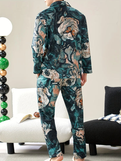 Two piece sets men's pajamas autumn and winter long sleeved pants with lotus leaf pattern sleepwear set