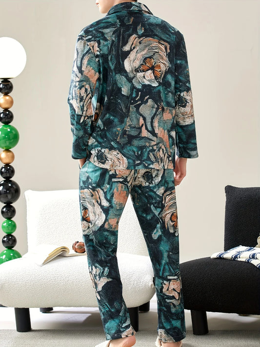 Two piece sets men's pajamas autumn and winter long sleeved pants with lotus leaf pattern sleepwear set