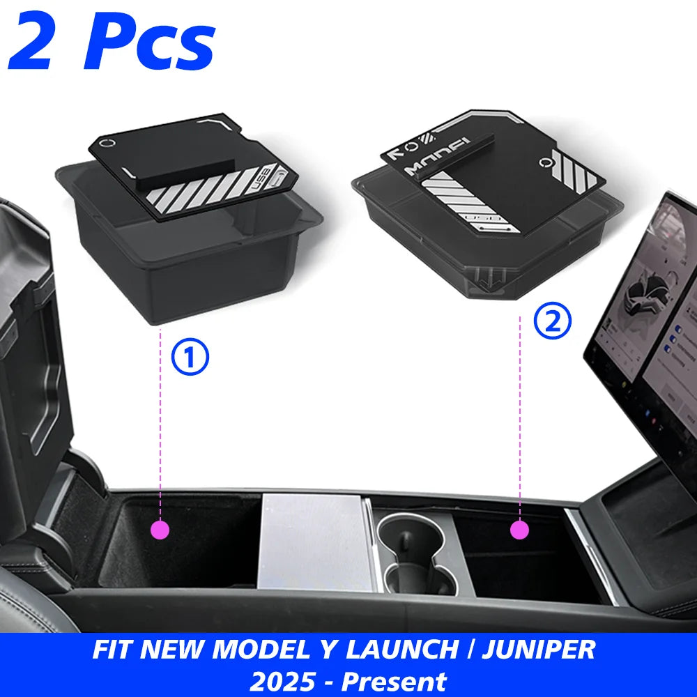 TESY Console & Armrest Storage Box For Tesla New Model YL Y Juniper Launch ABS Silicone Non-slip Mat Upper and Lower Watercup