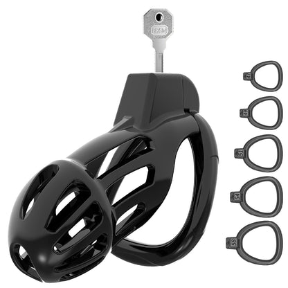 Secure Adjustable Male Chastity Harness Kit with Birdcage Cage - 5 Ring Sizes Black Penis Chastity Device for Long Term Wear, Co