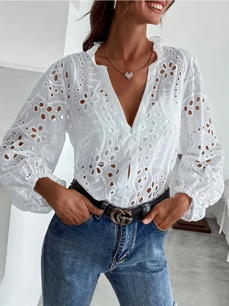 New Loose Elegant V Neck Hollow Out Lace Shirt Long Sleeve Fashion Women Office Sweet Blouse Casual Ruffle Solid Color Top
