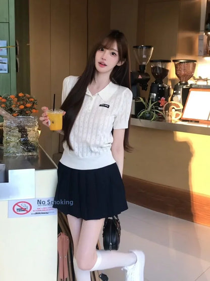 Miu Series White Knitted  Shirt Ice Silk Short Sleeve Turn-down Collar Slimming Effect Summer T-shirt for Women Korean Style