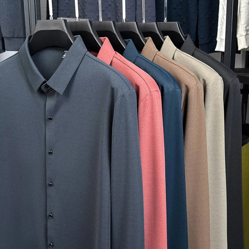 Men's Wool-Blend Dress Shirt Charcoal Gray Business Essential Seamless Technology Non-Iron & Tailored Collar All Season Comfort