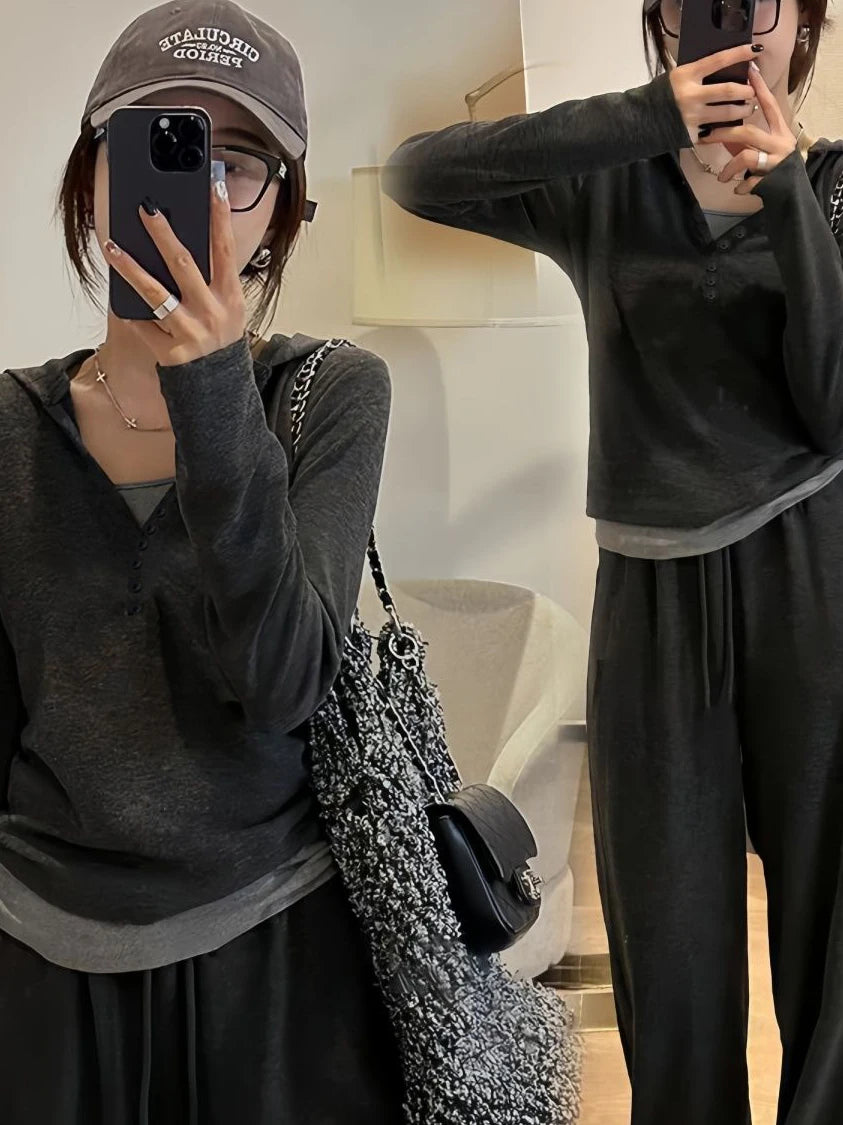 Black Soft Plush 2025 New Style Hooded Patchwork Casual Sporty Spring Autumn Leisure Cotton Pants Set Fashionable Trousers