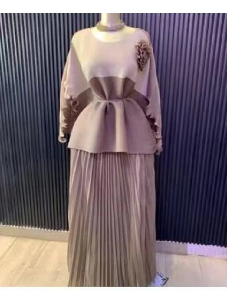 2025 New Casual Suit Women's Two-piece Set Miyake Pleated Skirt + Color Matching Top Loose Long Skirt Set