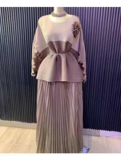 2025 New Casual Suit Women's Two-piece Set Miyake Pleated Skirt + Color Matching Top Loose Long Skirt Set