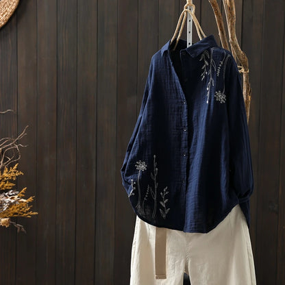 Cotton Linen Women's Shirt Spring New Style Artistic Retro Embroidery Turn-down Collar  Color Long Sleeve Top
