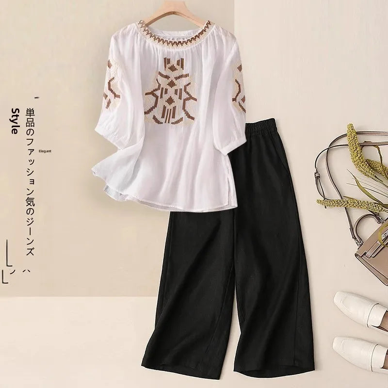 Fashionable Retro Linen Top And Pants Set for Women High End Cotton Linen Ensemble Summer 2026 Elegant Two Piece Suit