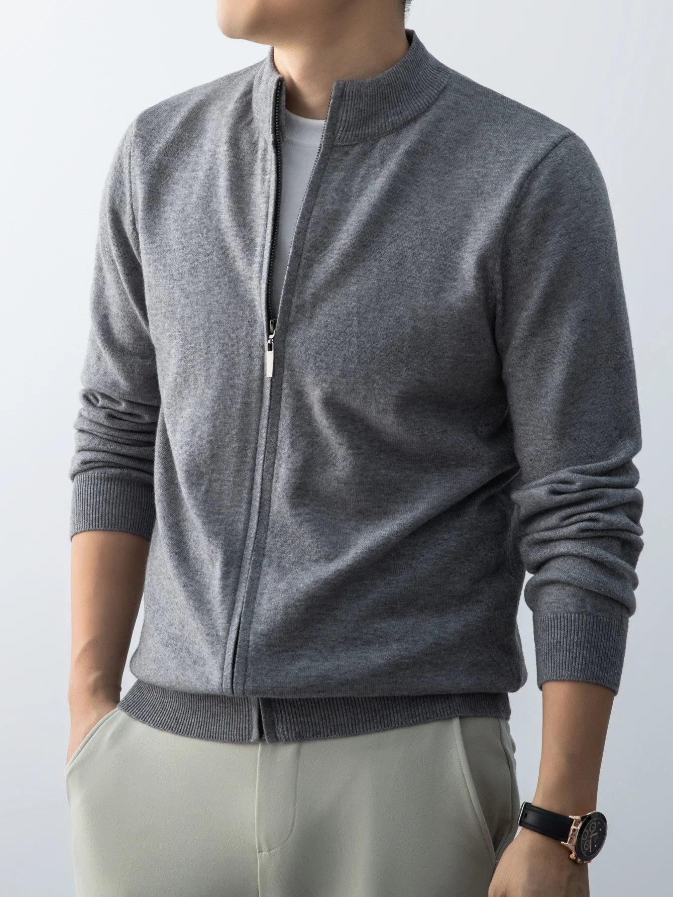 Wool Knitted Cardigan Men's 2026 New Spring and Autumn Fashion Stand-up Collar Top Casual Zipper Sweater Business Casual Jacket