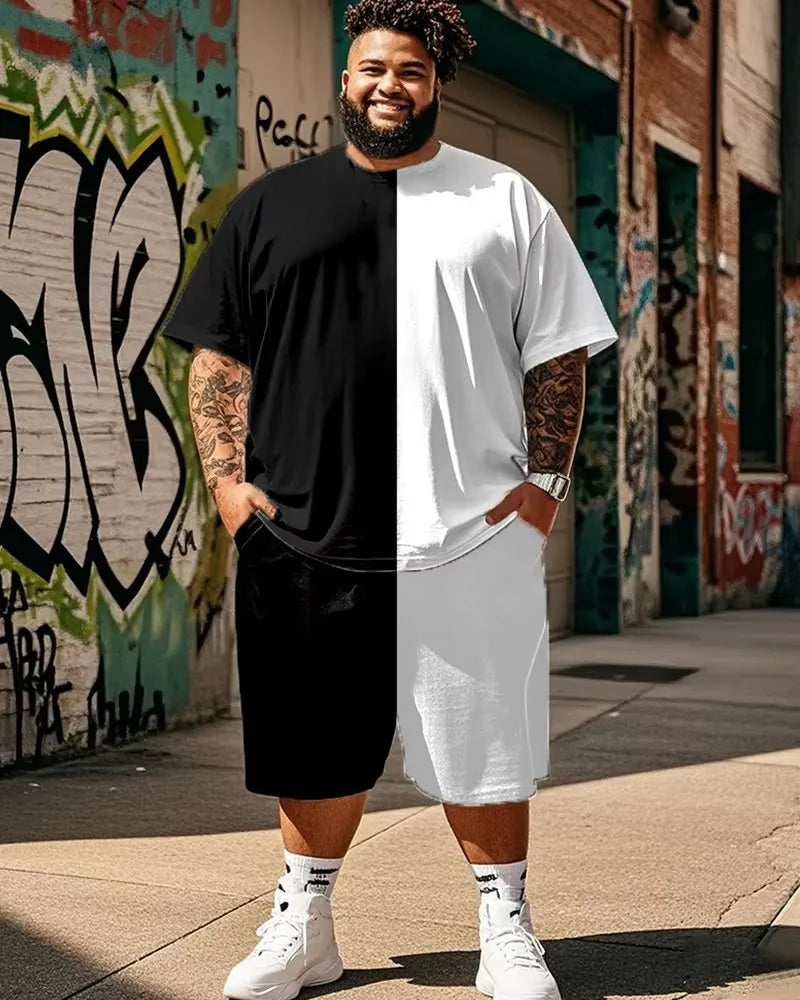 S-9XL Plus Size Men's  Astronaut Puzzle, Split Color & Gradient Drip Print T-Shirt & Shorts Set, Casual Streetwear Outfit