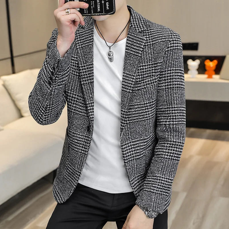 High-quality Men's Fashionable Small Suit Korean-style Slim-fit Top, Cool and Casual Plaid Single Suit, Trendy Formal Jacket