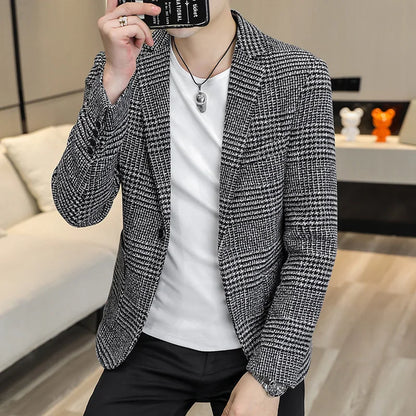 High-quality Men's Fashionable Small Suit Korean-style Slim-fit Top, Cool and Casual Plaid Single Suit, Trendy Formal Jacket