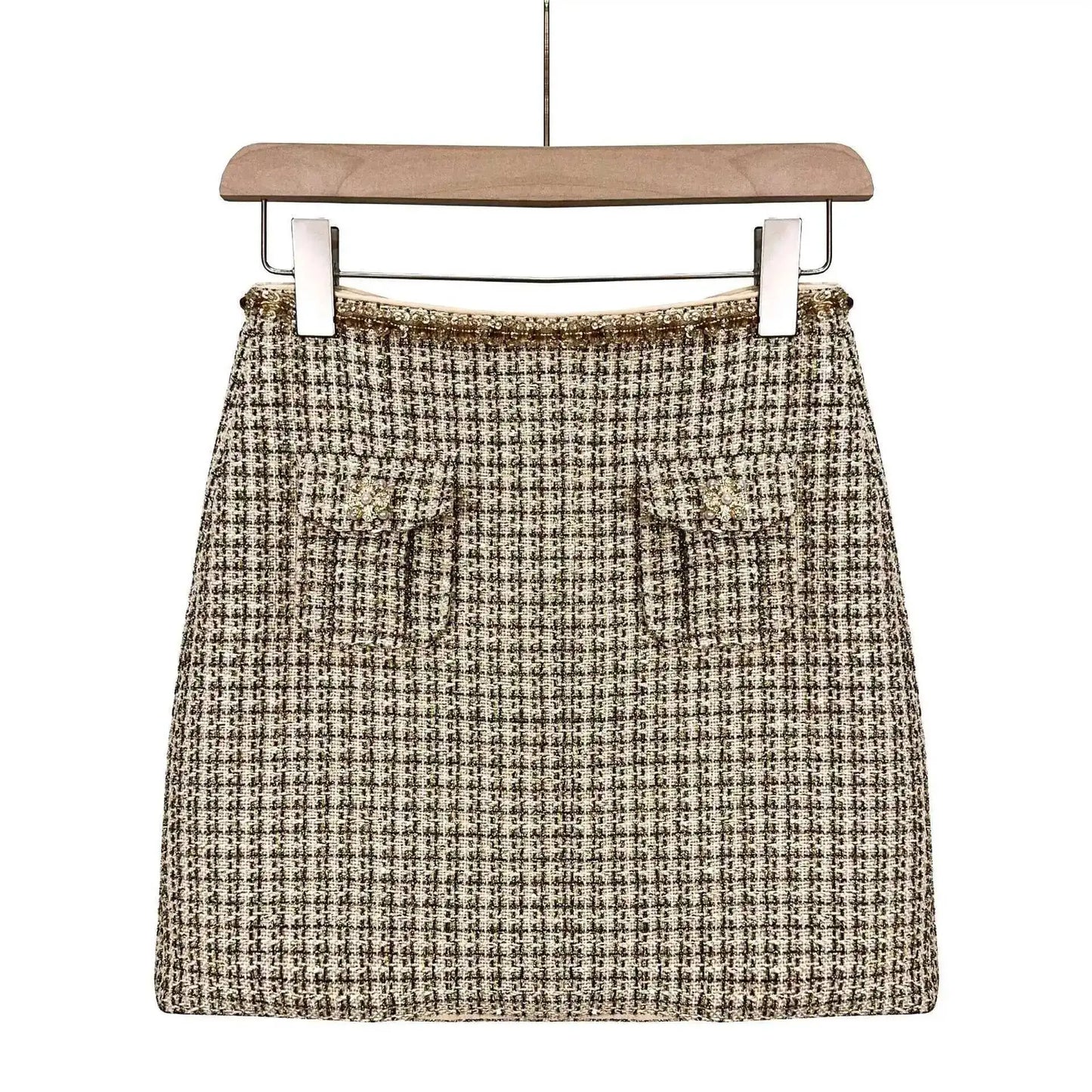 Autumn Winter Small Fragrant Style Gold Plaid Coarse Knitted Two Piece Set Women Suit Coat Tweed Jackets Midi Long Skirts Sets