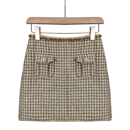 Autumn Winter Small Fragrant Style Gold Plaid Coarse Knitted Two Piece Set Women Suit Coat Tweed Jackets Midi Long Skirts Sets
