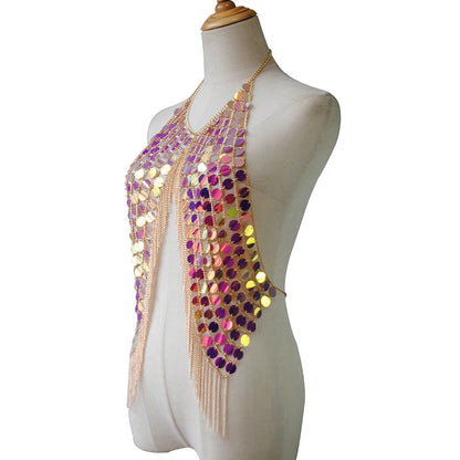 AKYZO Sequined Crop Tops for Women Metal Chain Tassel Nightclub Dance Wear Party Burning Outfits Plastic Tank Top Sexy Festival
