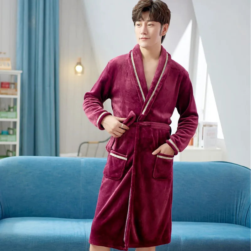Thickened Flannel Sleepwear Coat for Men And Women Warm Winter Coral Velvet Robe Couple Home Clothes Mid-Length Bath Robe