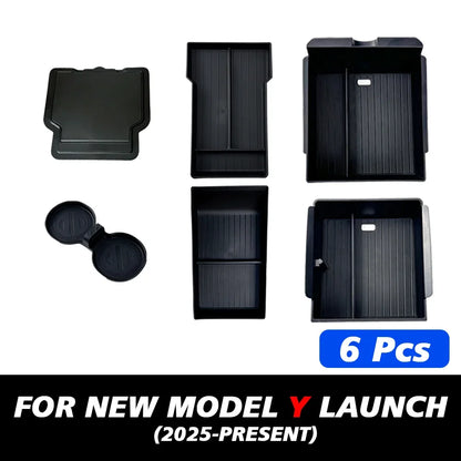 For Tesla New Model Y 2025 Launch Juniper ABS with Silicone Non-slip Mat Console & Armrest Storage Box Upper and Lower Watercup