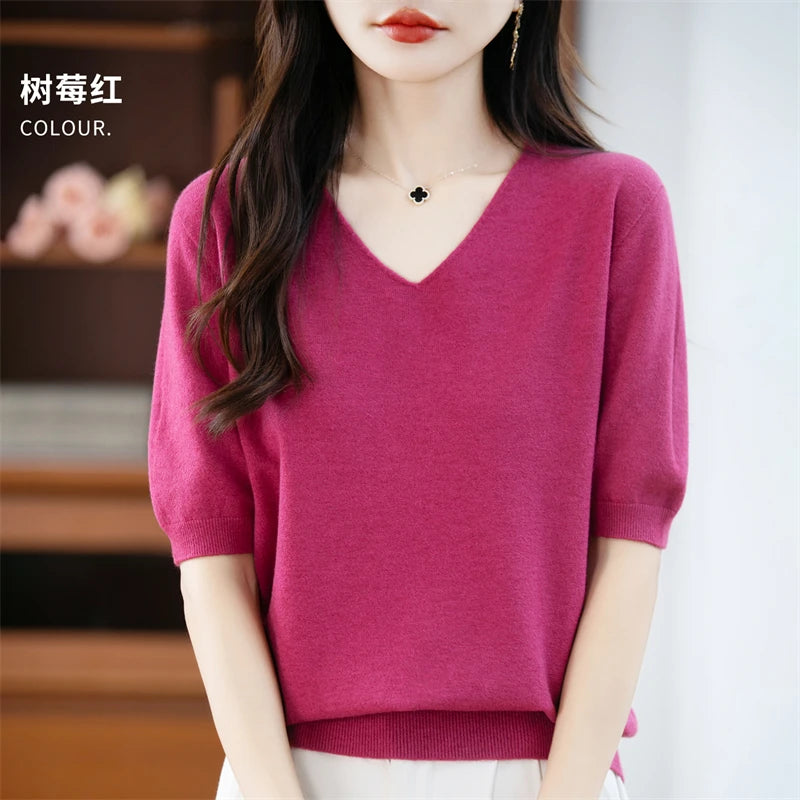 Thin Worsted Wool Short-Sleeved Women's Loose Round Neck T-shirt Printed Summer Fashion Knitted Bottoming Shirt Half-Sleeved