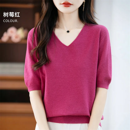 Thin Worsted Wool Short-Sleeved Women's Loose Round Neck T-shirt Printed Summer Fashion Knitted Bottoming Shirt Half-Sleeved