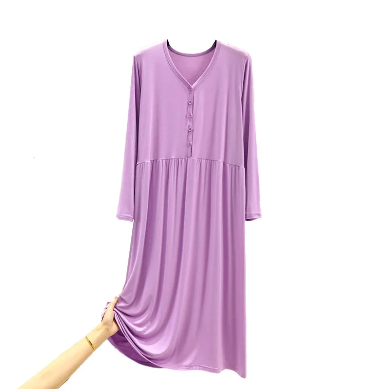 Early Autumn 2024 Women's V-Neck Long Sleeve Dress Loose Button-Up Modal Dress for Home Wear Midi Skirt A-Line Silhouette