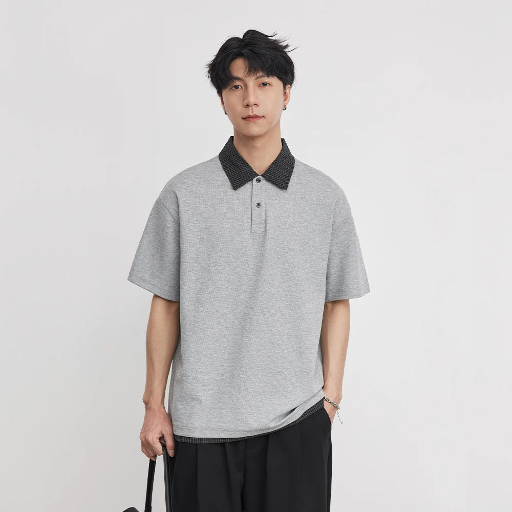 Heavy 230g American Retro Plaid Lapel Polo Shirt Men's 2026 Spring Fake Two-piece High-end T-shirt Short Sleeves