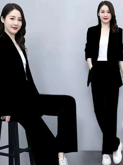 Spring 2026 plus Size Suit Set Loose Wide Leg Pants Two Piece Set Korean Style Commute Casual High Waist Polyester Fiber