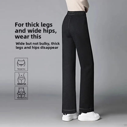 Women's Fleece Lined Wide Leg Pants High Waist Elastic Casual Mom Straight Leg Jeans Style Autumn Winter Fashion Loose Fit