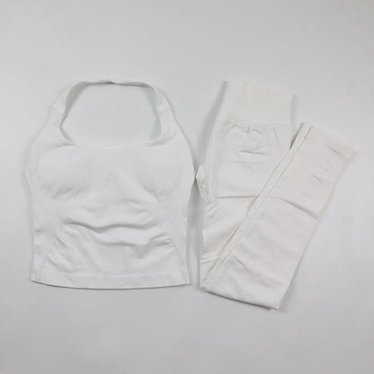 Women's Halter Neck Backless Yoga Set Seamless 2-Piece Outfit Ribbed High-Waist Scrunch Shorts Butt Lifting Gym Pilates Fitness