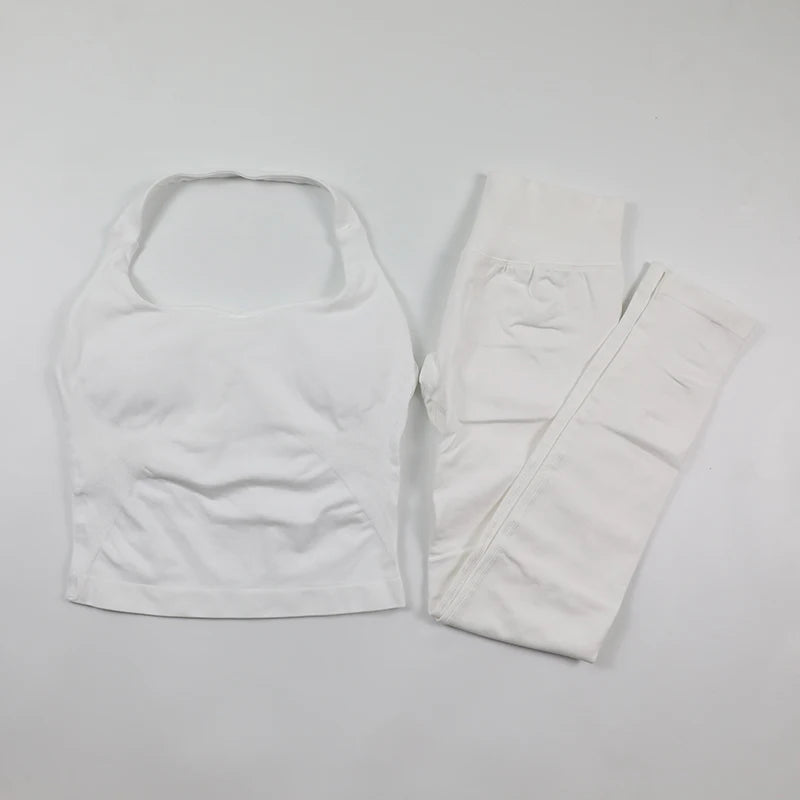 Women's Halter Neck Backless Yoga Set Seamless 2-Piece Outfit Ribbed High-Waist Scrunch Shorts Butt Lifting Gym Pilates Fitness