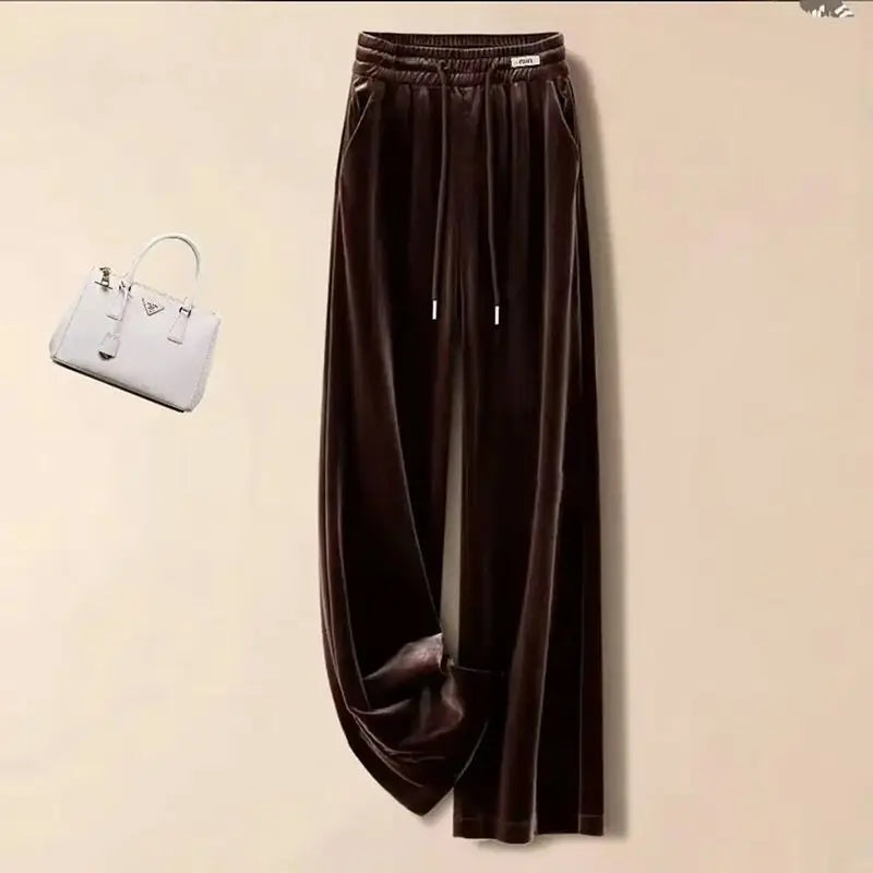 Fashionable Gold Velvet Wide Leg Pants Women's Winter Loose Slimming High Waist Fleece Casual Straight Long Trousers