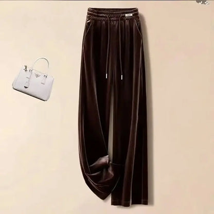 Fashionable Gold Velvet Wide Leg Pants Women's Winter Loose Slimming High Waist Fleece Casual Straight Long Trousers