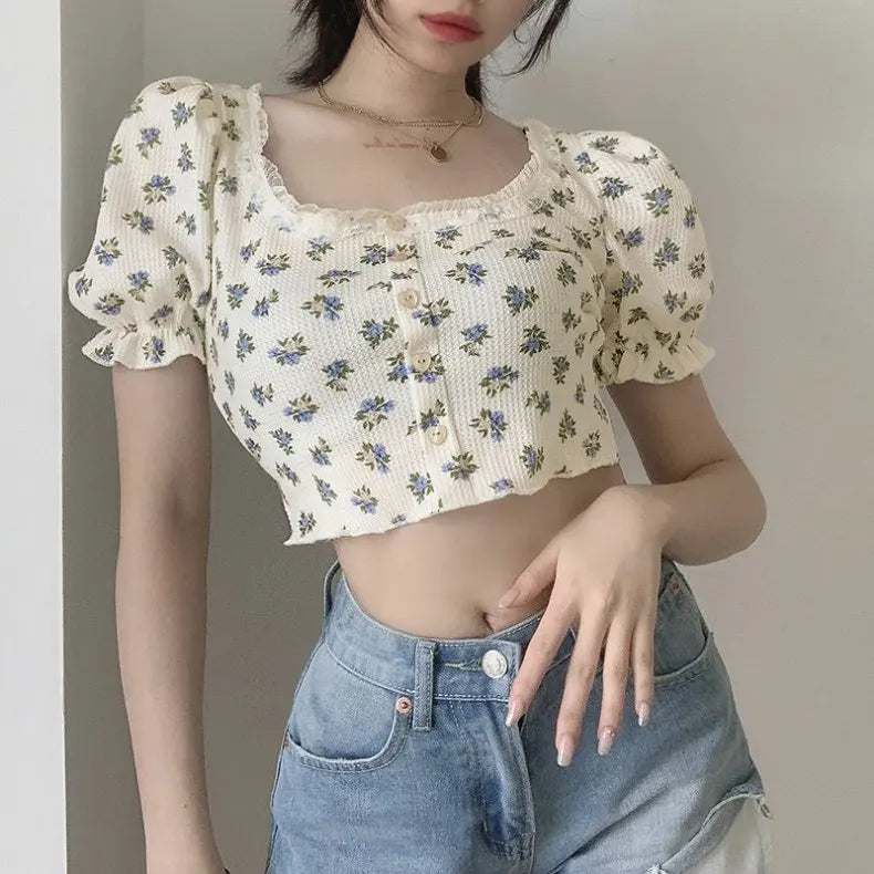 Floral Print Square Neck Short Sleeve Slim Fit T-Shirt Women's Summer 2026 New Bubble Sleeve Belly Baring Trendy Top