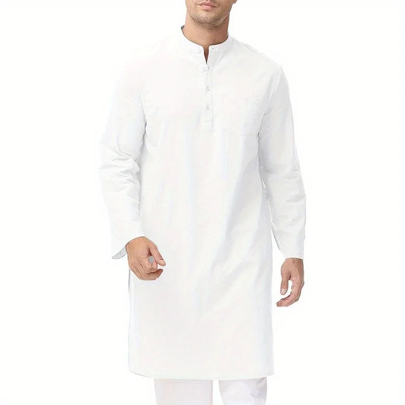 Mens Cotton Ethnic Long Sleeve Robe Side Slit Button Up Henley Shirt Traditional Outfit