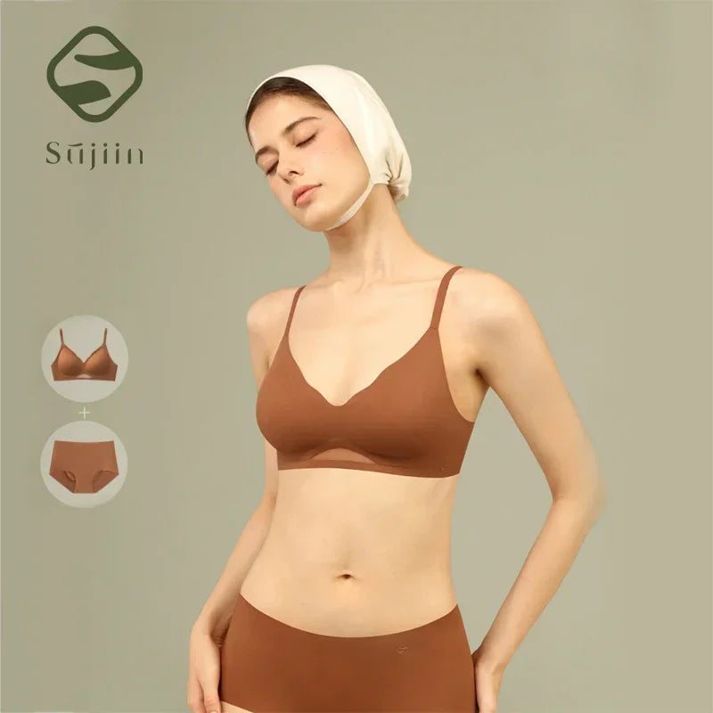 SUJIIN Bra Sets for Women Sexy Two Piece Lingerie Push Up Seamless Wireless Smooth Breathable Bra and Panty Brief Set MX225+N176