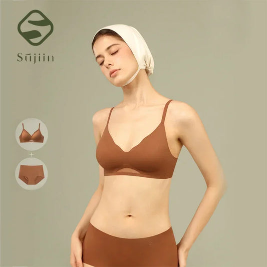 SUJIIN Bra Sets for Women Sexy Two Piece Lingerie Push Up Seamless Wireless Smooth Breathable Bra and Panty Brief Set MX225+N176