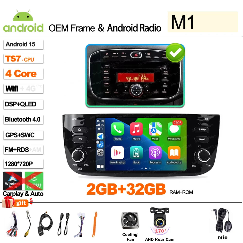 Car Android 16 For Fiat Linea Punto evo 2012-2015 Radio Video Player GPS Multimedia Navigation Screen Stereo Carplay Audio DSP