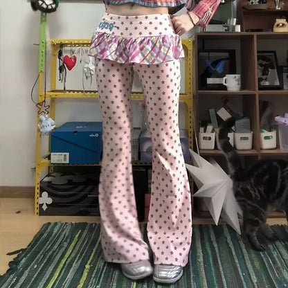 Y2K Girl's Slim Fit Star Print Pants Thin Micro Flared Summer Fashion Trendy Skirt Pants Casual Low Waist Polyester Fiber