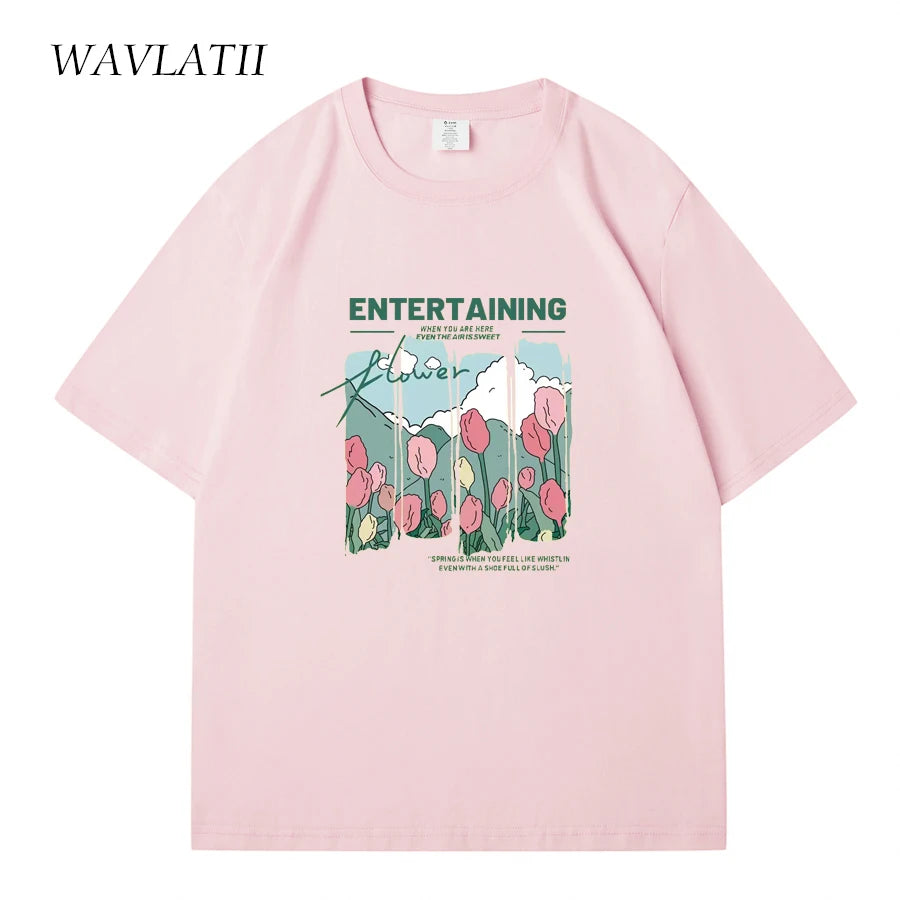 WAVLATII Women New Comics Flowers Printed T shirts Female Beige Streetwear Summer Tees Lady Casual Short Sleeve Tops WT2329